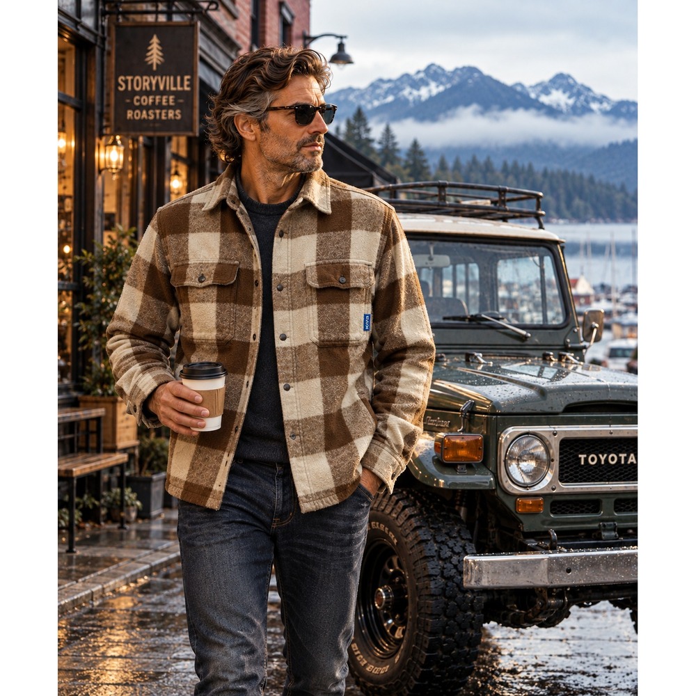 KAVU Mens M Heavyweight Plaid Flannel Shacket Brown Cream Snap Front